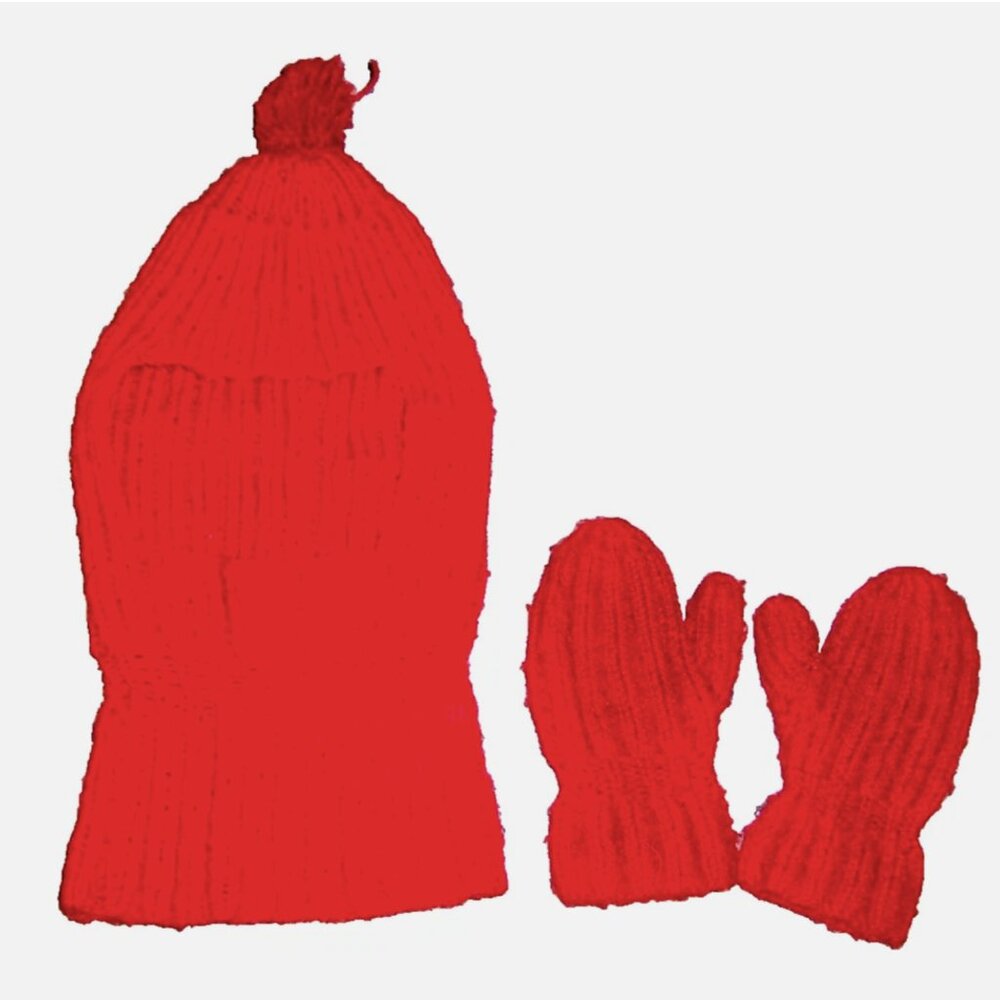 Vintage 70s Kids Knit Ski Face Mask and Mittens Set Handmade Red Unisex